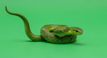Obraz premium Green snake on a green screen background. Isolated animal for chromakey effect. Exotic reptile design.