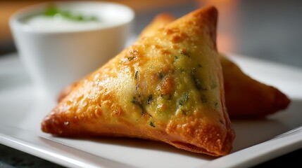 Bahraini Samboosa isolated on a modern white plate, triangular pastry filled with vegetables and spices,