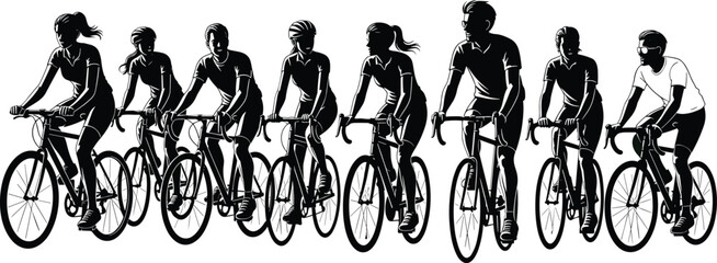 A vector illustration of an abstract chain link background with a silhouette of a woman cyclist riding a mountain bike