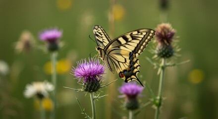 A beautiful yellow and black butterfly rests on a purple thistle flower in a field