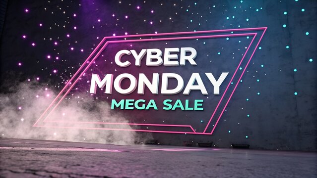 Cyber monday mega sale announcement with neon frame and smoke effect - Powered by Adobe