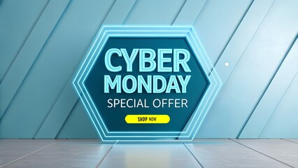 Cyber monday special offer with glowing neon hexagon sign