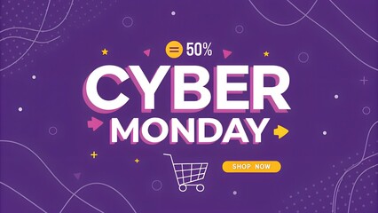 Cyber monday sale with 50 off and shopping cart graphic