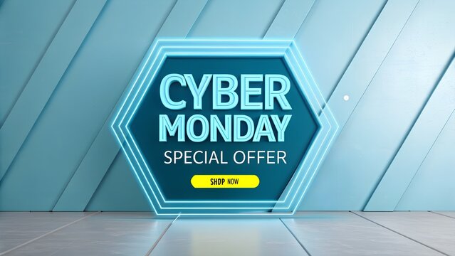 Cyber monday special offer with glowing neon hexagon sign - Powered by Adobe