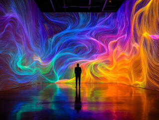 Immersive digital art installation with vibrant, flowing light patterns and a lone observer in a futuristic gallery setting