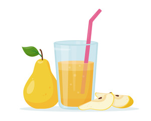 Fresh Pear juice in glass, whole Pear and pieces. Diet vitamin juice or smoothie. Detox fruit cocktail for healthy dieting. Vector illustration isolated on white background.