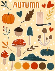 autumn, sticker pack with mushrooms, pumpkins, leaves on a yellow background. Seamless pattern