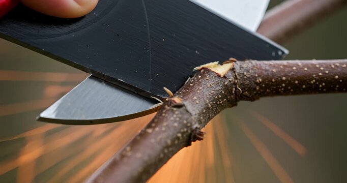Cutting a small branch with a sharp blade close up