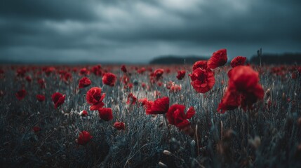 Obraz premium Dramatic Poppy flowers field. Anzac day banner. Remember for Anzac, Historic war memory. Anzac background. Poppy field, Remembrance day.