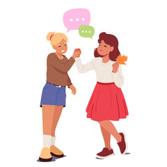 Happy excited girls friends shaking hands and smiling to each other isolated on white background