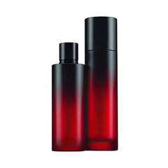 Two dark-red, gradient-shaded cylindrical cosmetic bottles, one smaller, on a black background