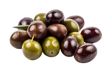 Pile of Green and Black Olives Closeup with Shiny Surface Isolated on Transparent Background