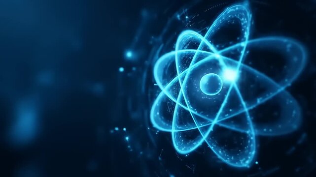 A luminous, stylized atomic model against a dark blue backdrop, depicting subatomic particles