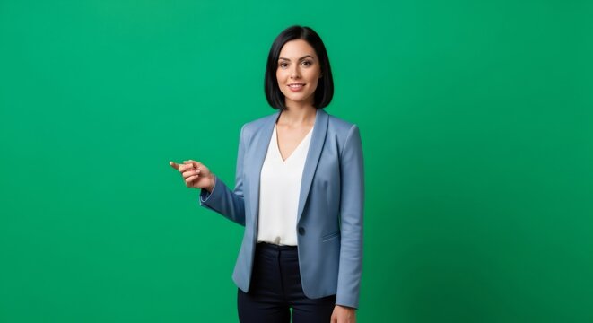 Woman pointing finger at invisible object with green screen background for chroma key video effect.