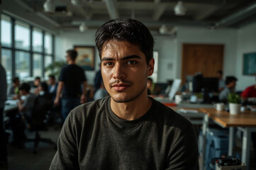 Portrait of a Confident Young Man in a Busy Modern Office