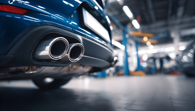 A close-up of the gleaming twin exhaust pipes of a sports car. Mechanics in a bright, modern garage perform maintenance and upgrades on vehicles. The focus of the shot is on automotive technology.
