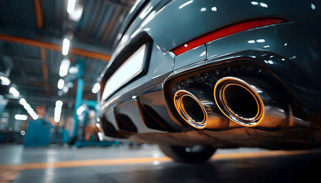 A close-up of the gleaming twin exhaust pipes of a sports car. Mechanics in a bright, modern garage perform maintenance and upgrades on vehicles. The focus of the shot is on automotive technology.
