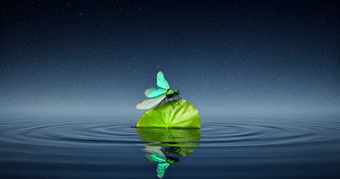 Dragonfly on leaf floating in water with reflections and ripples