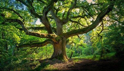 Fototapeta premium a majestic oak tree with gnarled branches and a thick trunk stands amidst a dense forest of green foliage casting a shadow on the surrounding trees