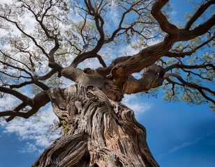 a large gnarled tree trunk with a thick rough bark texture surrounded by a clear blue sky with scattered clouds and a few scattered leaves on the branches