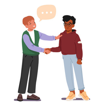 School boy shaking hand of classmate supporting and talking to new comer isolated on white