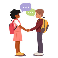 Schoolboy and schoolgirl shaking hands welcoming during meeting at school vector illustration