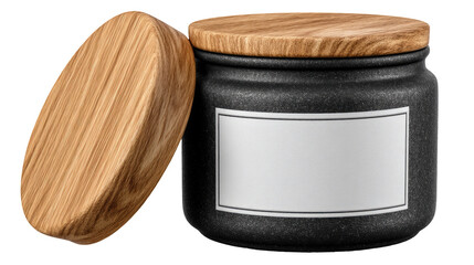 Dark gray jar with wooden lid and blank label