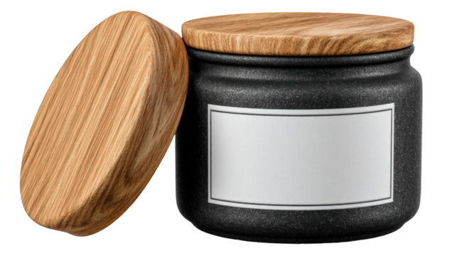 Dark gray jar with wooden lid and blank label