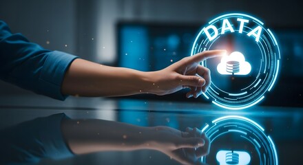 Digitally hand pointing toward a data cloud icon.