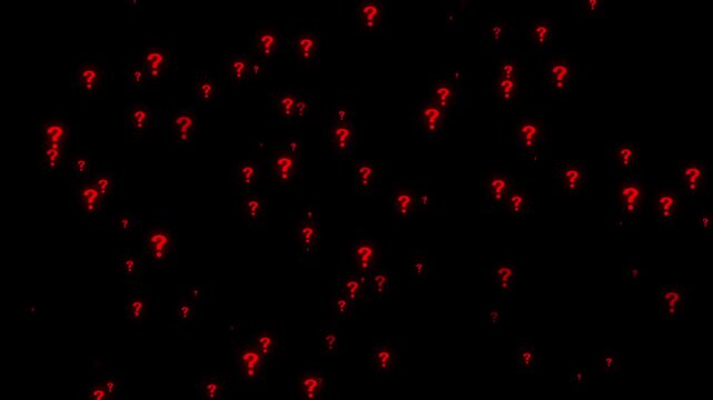 Question Mark icon flying overlay isolated on black background. Seamless loop.Abstract Question mark icon, problem sign Many Questions icon background texture lights question marks. help and .4k