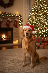 Golden Retriever dog wearing Santa hat sitting in front of a cozy Christmas tree with lights and fireplace, festive holiday background