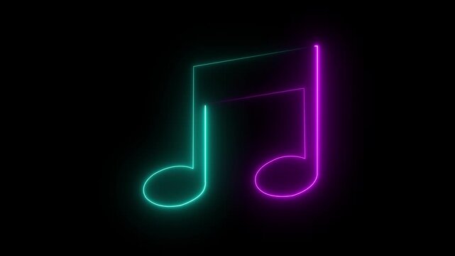 Neon red and blue color music icon animation video. Musical note icons. Abstract neon glowing double musical note icon animation. Music symbol neon.Abstract neon music notes glowing red and blue on.