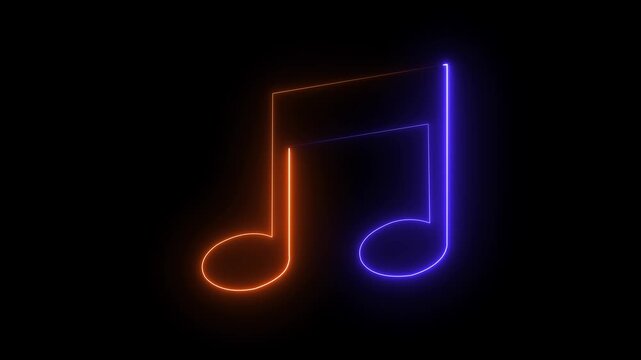 Neon red and blue color music icon animation video. Musical note icons. Abstract neon glowing double musical note icon animation. Music symbol neon.Abstract neon music notes glowing red and blue on.