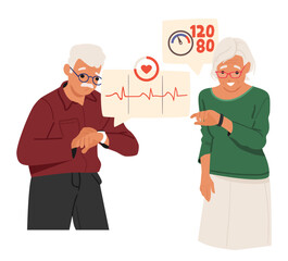 Elderly woman and senior man using smart watch device to control health indicators cartoon scene