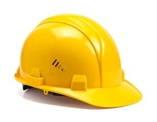 Fototapeta premium Shiny yellow safety helmet, isolated against a white backdrop, side view