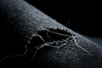 Extreme macro shot of frayed tear in dark denim, white threads pulled out.