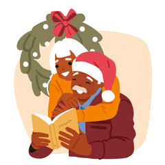 Senior loving couple enjoying reading book together celebrating Christmas eve cartoon portrait