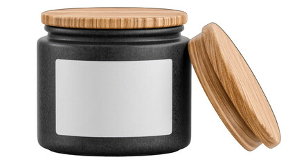 Black jar with light wooden lid and blank label