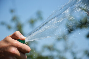 A man's hand holds a watering hose and closes the hole with his thumb, allowing jets of water to flow out. The spray evenly waters the ground.