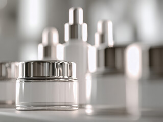 Elegant white cosmetic jars and bottles with shiny silver lids arranged on a reflective surface capturing a clean and luxurious skincare product presentation