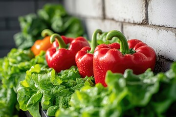 Lush, dewy red and orange bell peppers rest among vibrant green lettuce leaves, showcasing fresh produce with water droplets against a rustic brick wall.