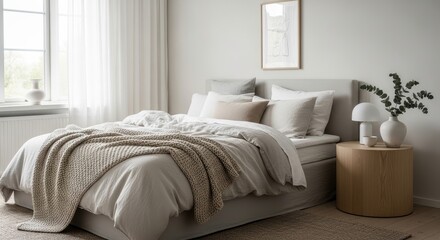 Cozy bedroom interior with a large bed, soft pillows, blanket, bedside table and natural light from window