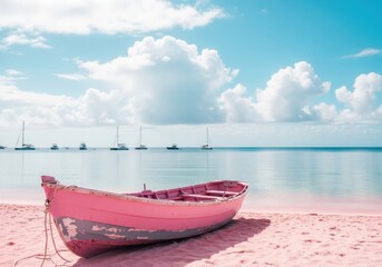 Naklejka premium Pink boat on a tropical beach with turquoise water and blue sky creating a serene seascape