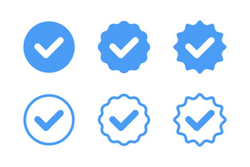 Badge check icon. Verify icon stamp. Blue flat star shape stickers. Verified badge profile set. Social media account verification icons . Isolated check mark. Guaranteed signs. Vector illustration.