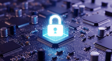 Cybersecurity concept image showcasing a glowing padlock icon on a microchip, symbolizing digital protection and data security