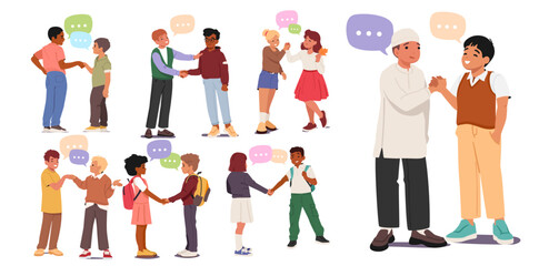Happy children shaking hands communicating welcoming each other isolated set on white background