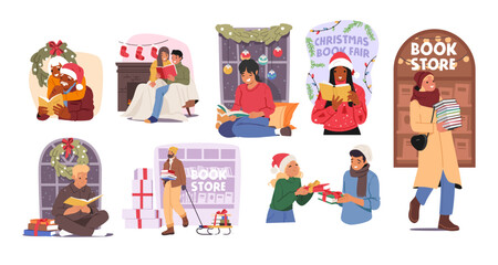 Diverse people characters enjoying reading during holiday eve and shopping at Christmas book store