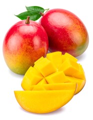 Two whole and sliced mangos