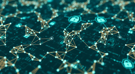 Abstract teal and gold network graphic with padlock icons, symbolizing cybersecurity, data protection, and network security solutions