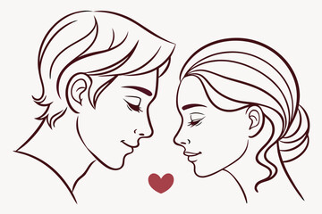 Minimal line art of couple face with small heart, romantic Valentine’s Day 2026 vector, elegant modern love concept for cards and aesthetic design.
